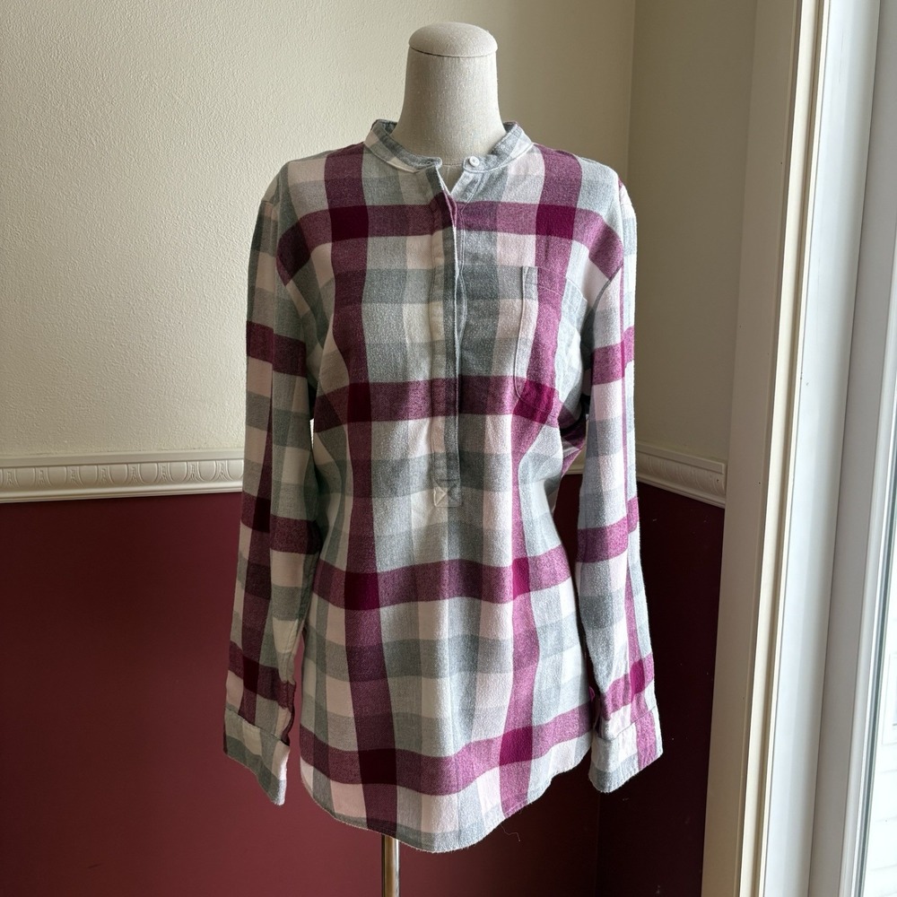 Lands'‎ End Flannel Shirt Popover Plaid Tunic Women's L 100% Cotton Collarless